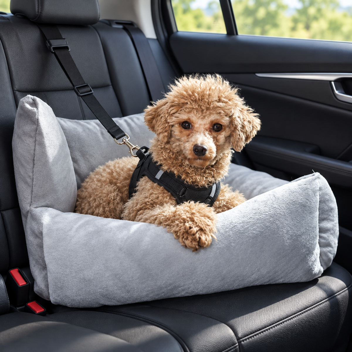 Small dog in the grey plush car seat bed secured to the rear seat