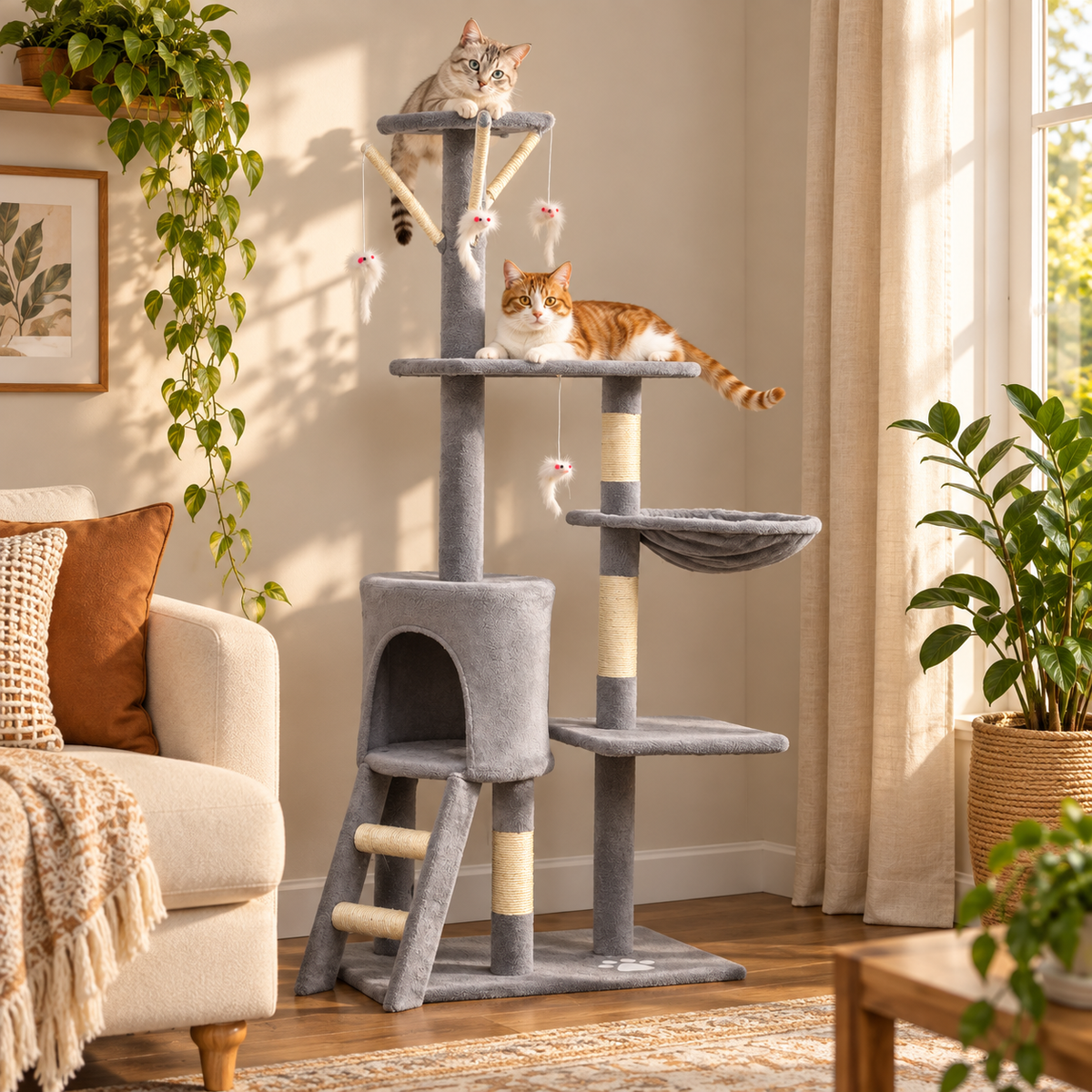 Cats exploring a grey multi-level cat tower.