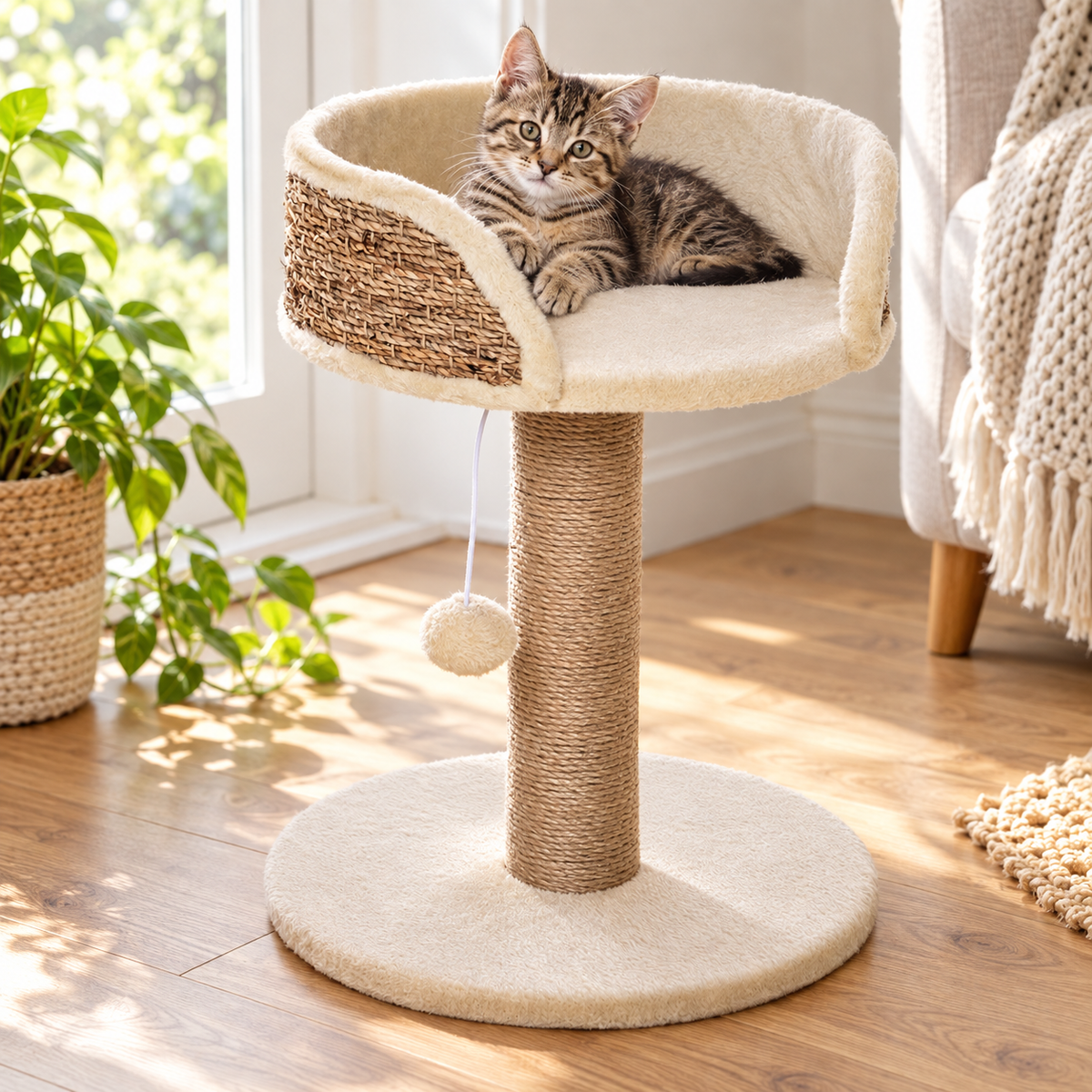 Kitten resting in the beige sisal cat scratching post perch
