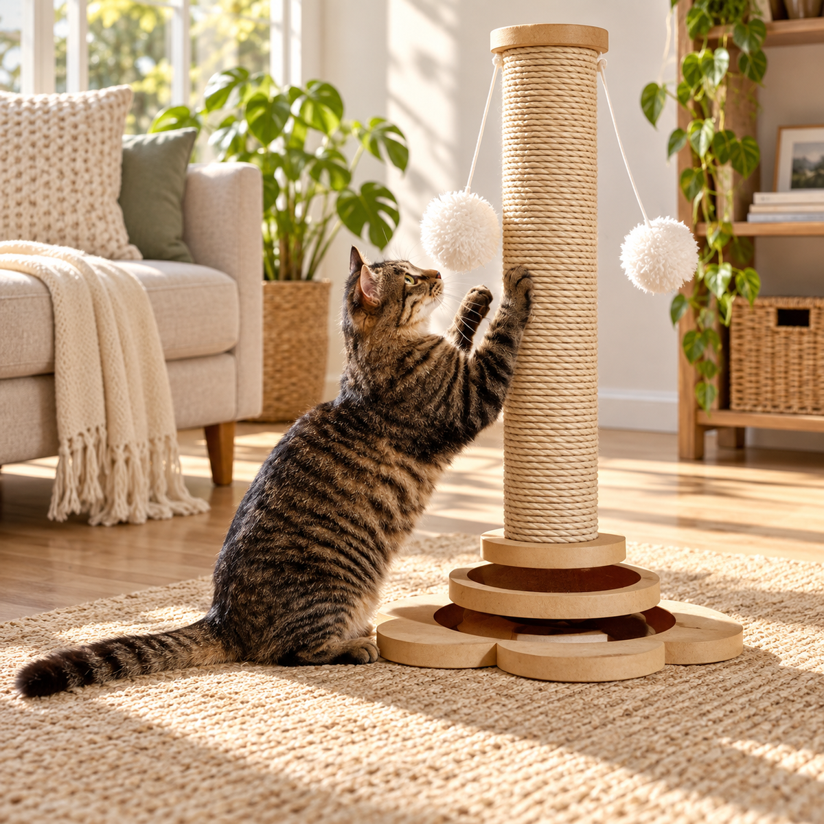Tabby cat scratching a sisal post in a living room.