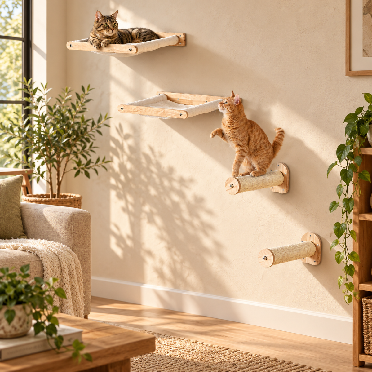 Cats using wall-mounted shelves and hammocks in a sunlit room.