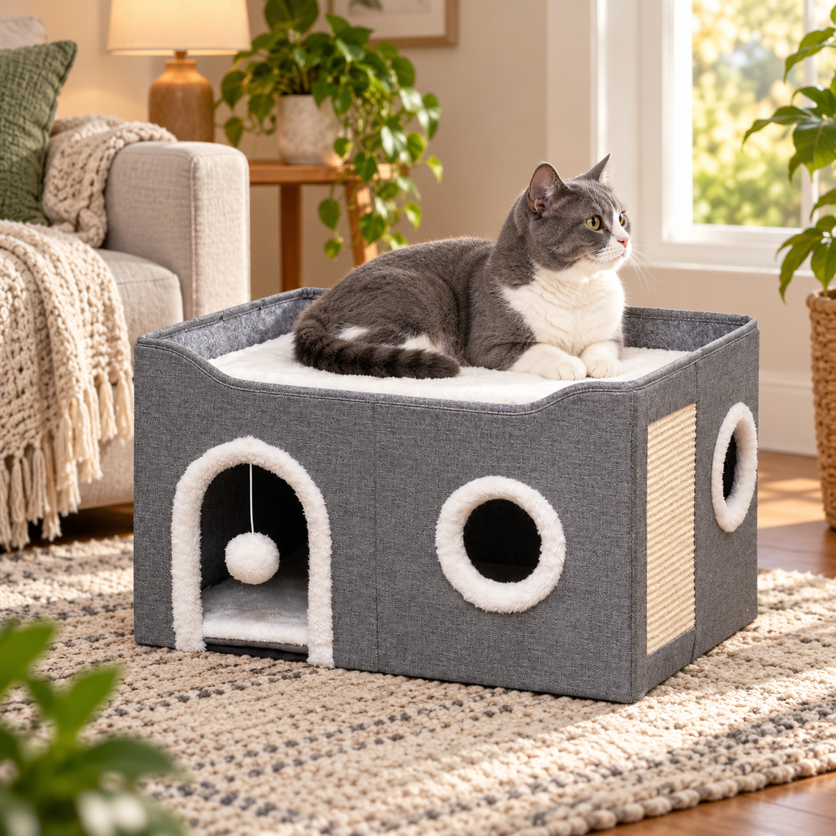 Grey cat resting on a foldable cat house with scratch panel.