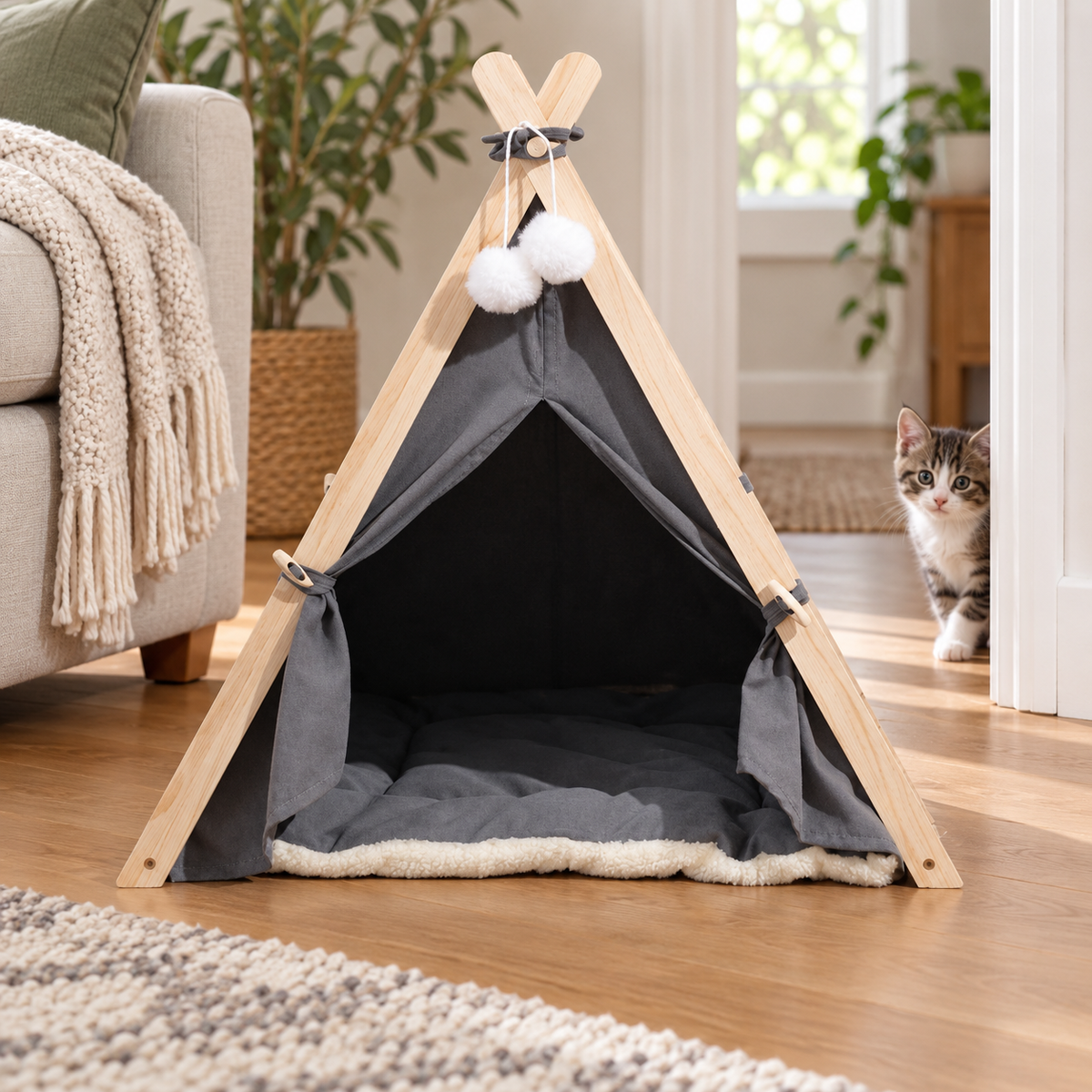 Grey canvas pet teepee with cushion in a bright living room