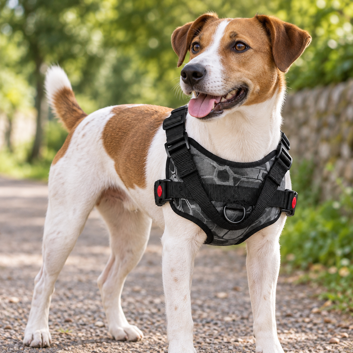Dog wearing the black camouflage padded harness on a daylight walk
