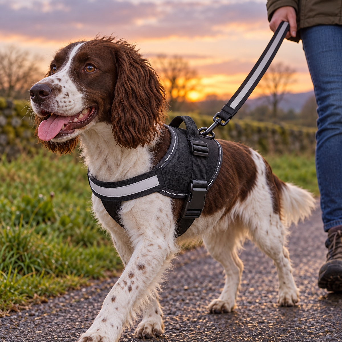 Dog wearing the black reflective harness and matching lead on a walk