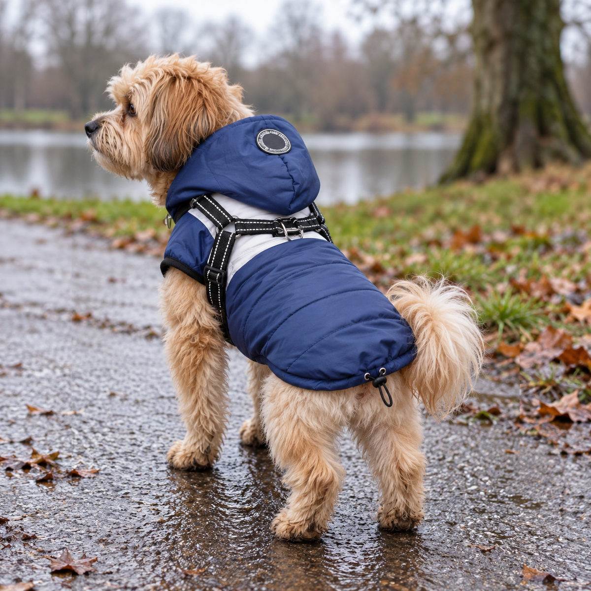 Small dog wearing the navy padded waterproof coat on a damp walk