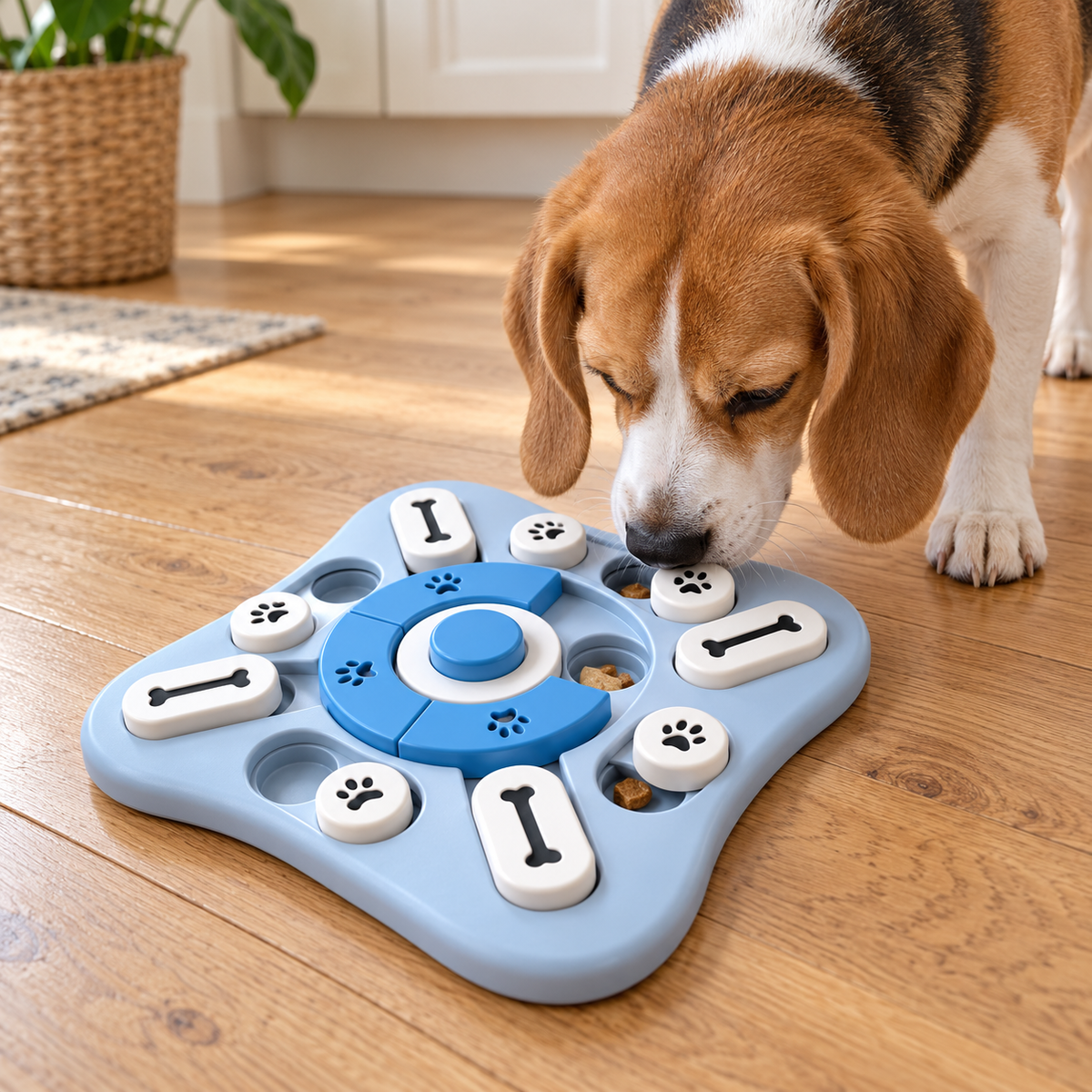 Beagle exploring a blue interactive dog puzzle feeder on a wooden floor