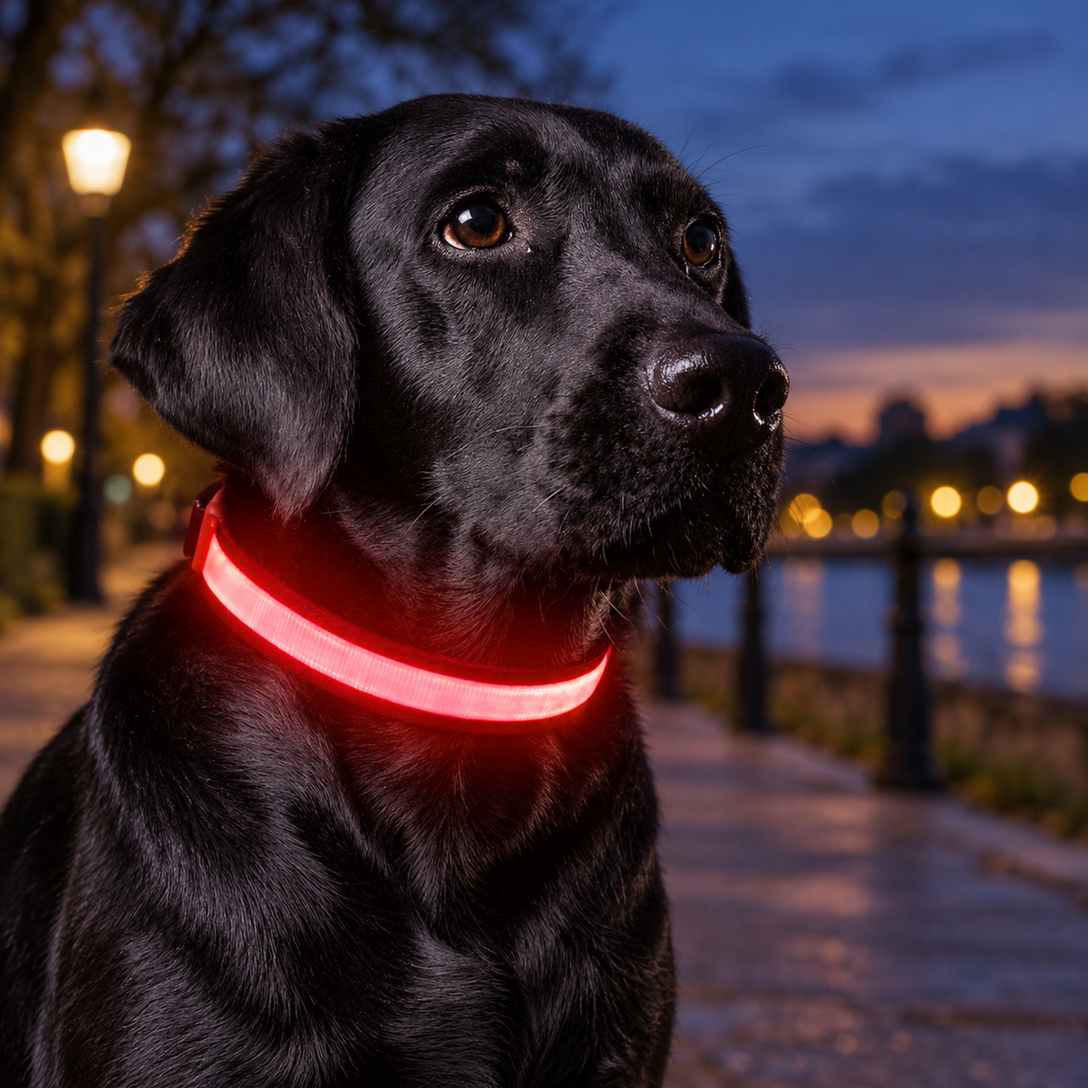 Black dog wearing a red illuminated collar on an evening walk
