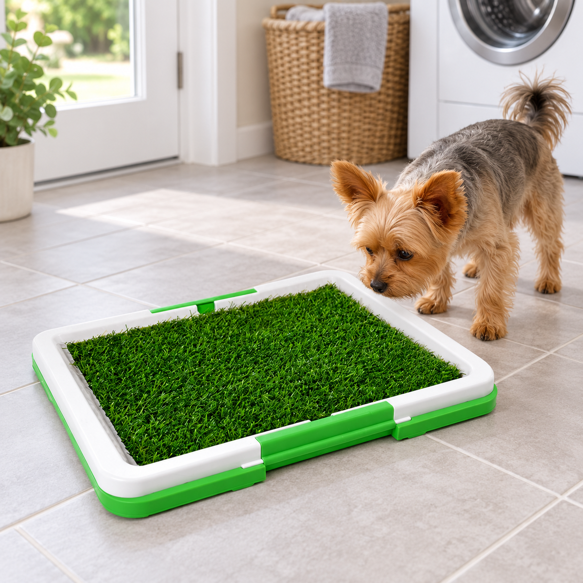 Yorkshire terrier investigating the grass puppy training tray at home