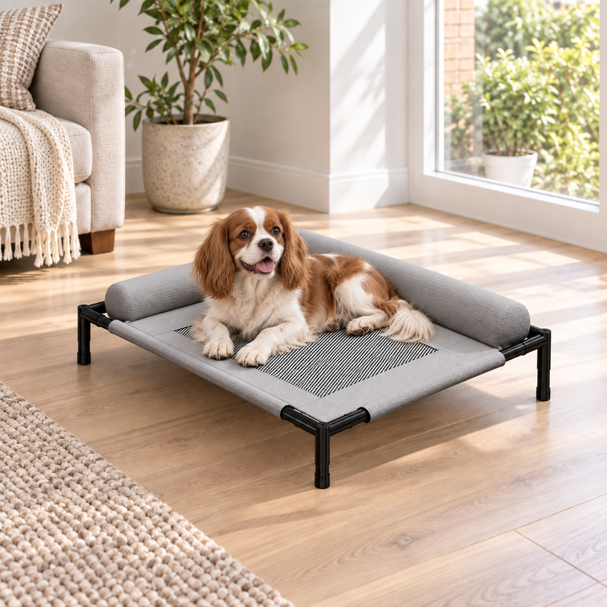 Small spaniel resting on the grey raised cooling dog bed in a bright living room